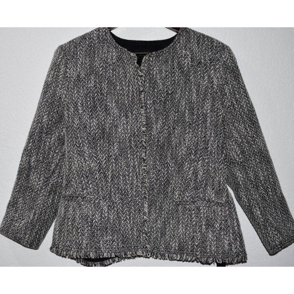 Ann‎ Taylor XL Jacket Blazer Fringe Tweed Long Sleeve Pockets Lined Collarless